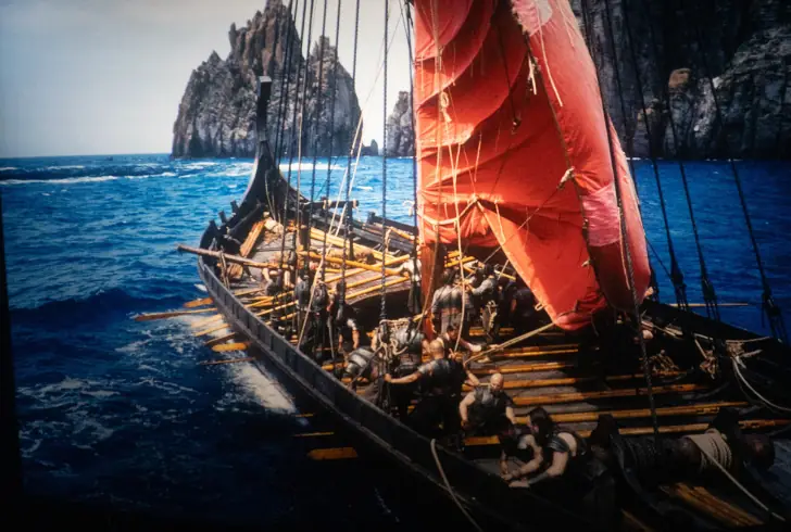 Ancient Greek wooden warship at sea